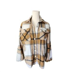 Tan Plaid Shacket Womens Small Button Down Long Sleeve Shirt Jacket‎